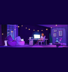 Tired Woman Sitting At Night Home Office Interior