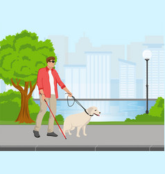 Blind Man With Walking Stick And Guide Dog