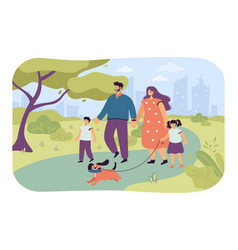 Happy Cartoon Family Walking Dog In Park Together