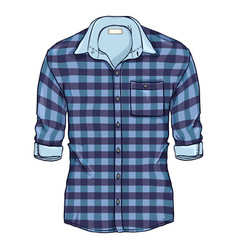 Cartoon Blue Checkered Men Shirt With Roll Up