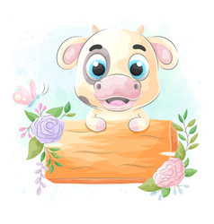 Cute Cow With Wood Sign Board Watercolor