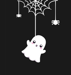 Cute Ghost Hanging On A Spider Web Cartoon Happy