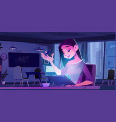 Happy Woman Work With Tablet In Office At Night