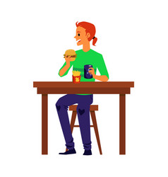 Cartoon Man Eating Junk Food At Table - Burger