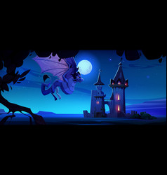 Spooky Fantasy Dragon Flying Near Castle At Night