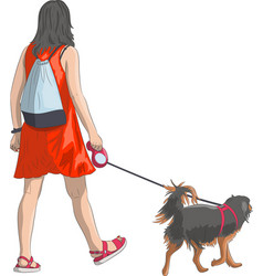 A Girl In Red Dress With Dog On Leash