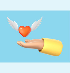 3d Cartoon Hand With Red Heart Isolated On Blue