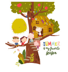 Happy Children Playing On Treehouse On White