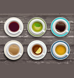 Set Cups Coffee And Tea Wooden Background