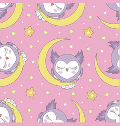 Sleeping Owl On The Moon With Stars A Pink