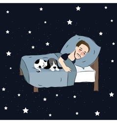 Man Sleeping In Bed Pillow Together With Puppies