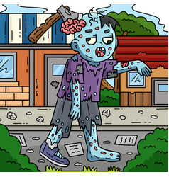 Zombie With An Ax On The Head Colored Cartoon