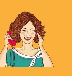 Amused Pop Art Woman Chatting On Retro Phone