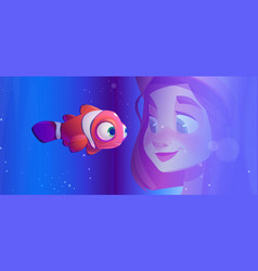 Cartoon Girl Looking At Fish In Aquarium