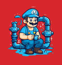 Plumber With Pipe Isolated On Red Background