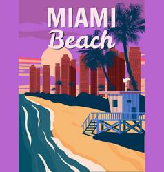 Miami Beach City Skyline Retro Poster Sunset