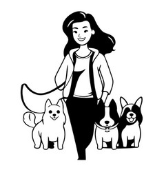 Young Woman Walking With Dogs In Flat Cartoon