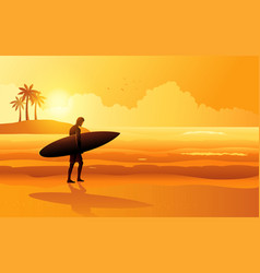 Beach Panorama Of A Surfer Walking On The