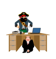 Businessman Scared Under Table Of Pirate To Hide