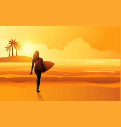 Beach Panorama Of Surfer Girl Walking On The