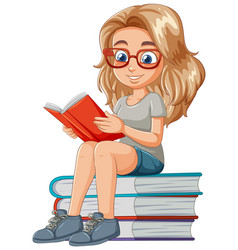 Cartoon Of A Girl Reading On Stack Books