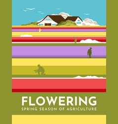 Spring Blooming Field With Working People House