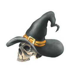 Human Skull In Black Witch Hat With Orange Ribbon