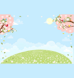 Spring Landscape Green Field With Cherry Blossom