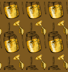 Hand Drawn Sketch Of Honey In Jar And Spoon