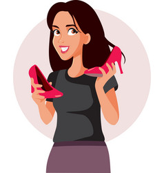 Happy Woman Holding Red High Heels Shoes