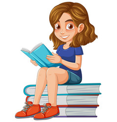 A Girl Reading Book On Stack Of Books