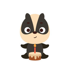 Cute Little Badger With Birthday Cake On White