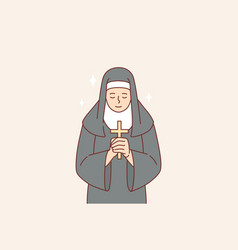 Nun Praying Holding Catholic Cross In Hands