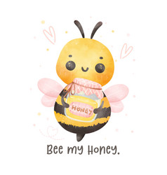 Cute Baby Bee With Honey Jar Watercolor Cartoon