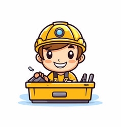 Cute Boy In Construction Helmet And Toolbox