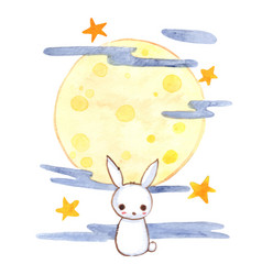 White Rabbit With Full Moon And Star Watercolor