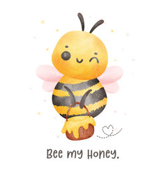 Cute Baby Bee With Honey Watercolor Cartoon