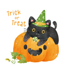 Cute Watercolor Black Cat With Witch Hat