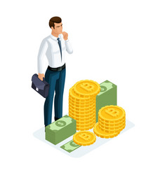 Isometric Businessman Stands Next To A Large Pile