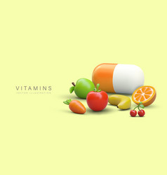 Realistic 3d Pill And Fruits Variety Of Vitamin