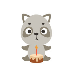 Cute Little Raccoon With Birthday Cake On White