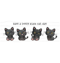 Group Of Four Cute Watercolor Baby Black Cat Hand