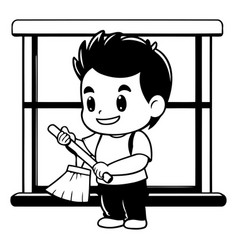 Boy Cleaning Window - Cartoon Isolated On White