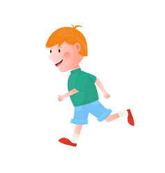 Running Redhead Boy Wearing Shorts And Sneakers