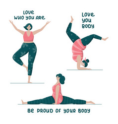 Set Of Bodypositive Plus Size Women Doing Yoga