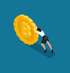 Isometric Business Lady Pushes A Large Coin