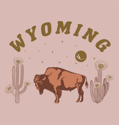 American Bison With Cactus Flower In Wyoming Unite