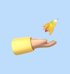 3d Cartoon Hand Holding A Rocket Taking Off Human