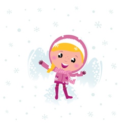 Little Cute Pink Child Making Angel In Snow