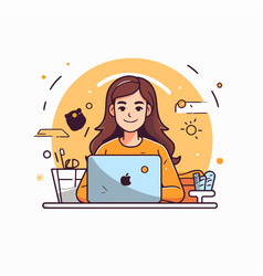 Young Woman Working On Laptop At Home In Cartoon